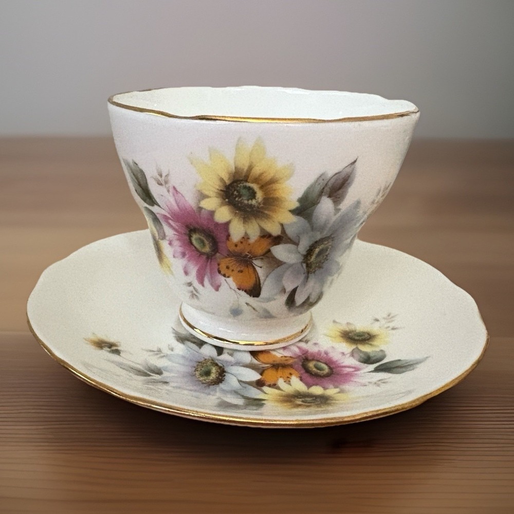 Vintage Duchess England Bone China Cup and Saucer Flowers & Butterfly Gold Rim